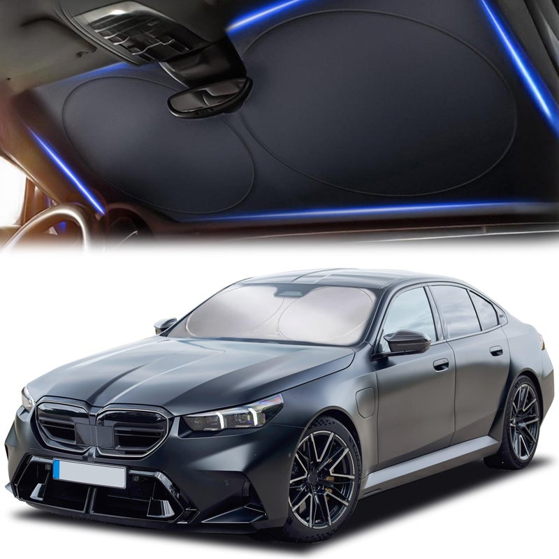 Autovir Windshield Sun Shade for Car  SUV & Truck - Patented Design Blocks 99% UV Rays & Heat | 240T Reflective Polyester Sunshade with Storage Bag | Keeps Vehicle Interior Cool | Universal Fit S(59"" x 29"") - Image 1